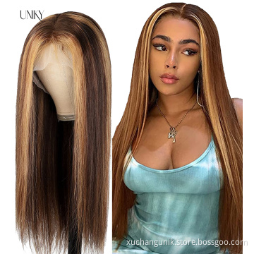 Highlight 1B Honey Brown Color Straight Human Hair Lace Front Wig Virgin Brazilian Hair Highlight Wig Transparent HD Frontal Wig
